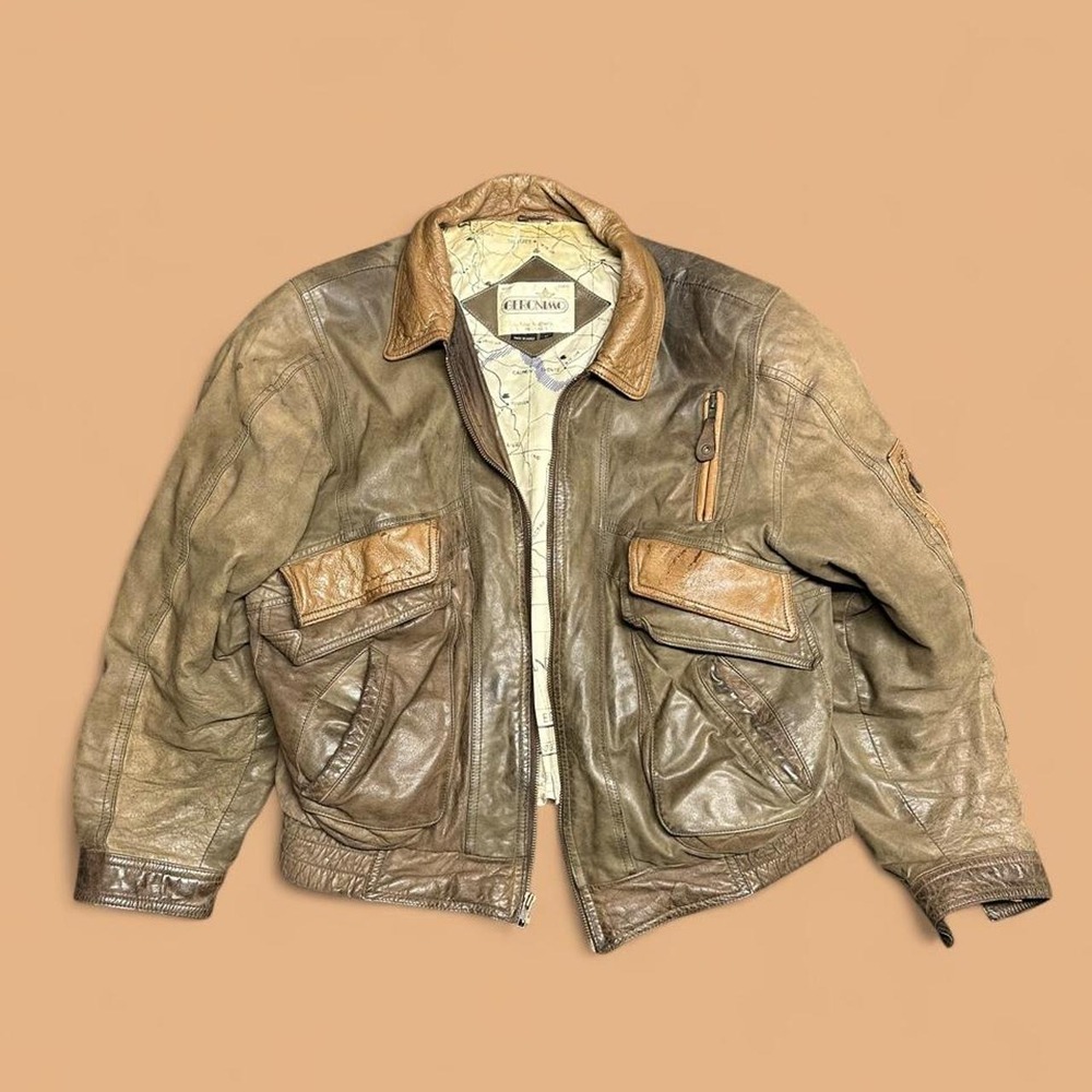 Vintage Geronimo Leather Bomber Jacket M Brown WWII Normandy Map Flight Aviator